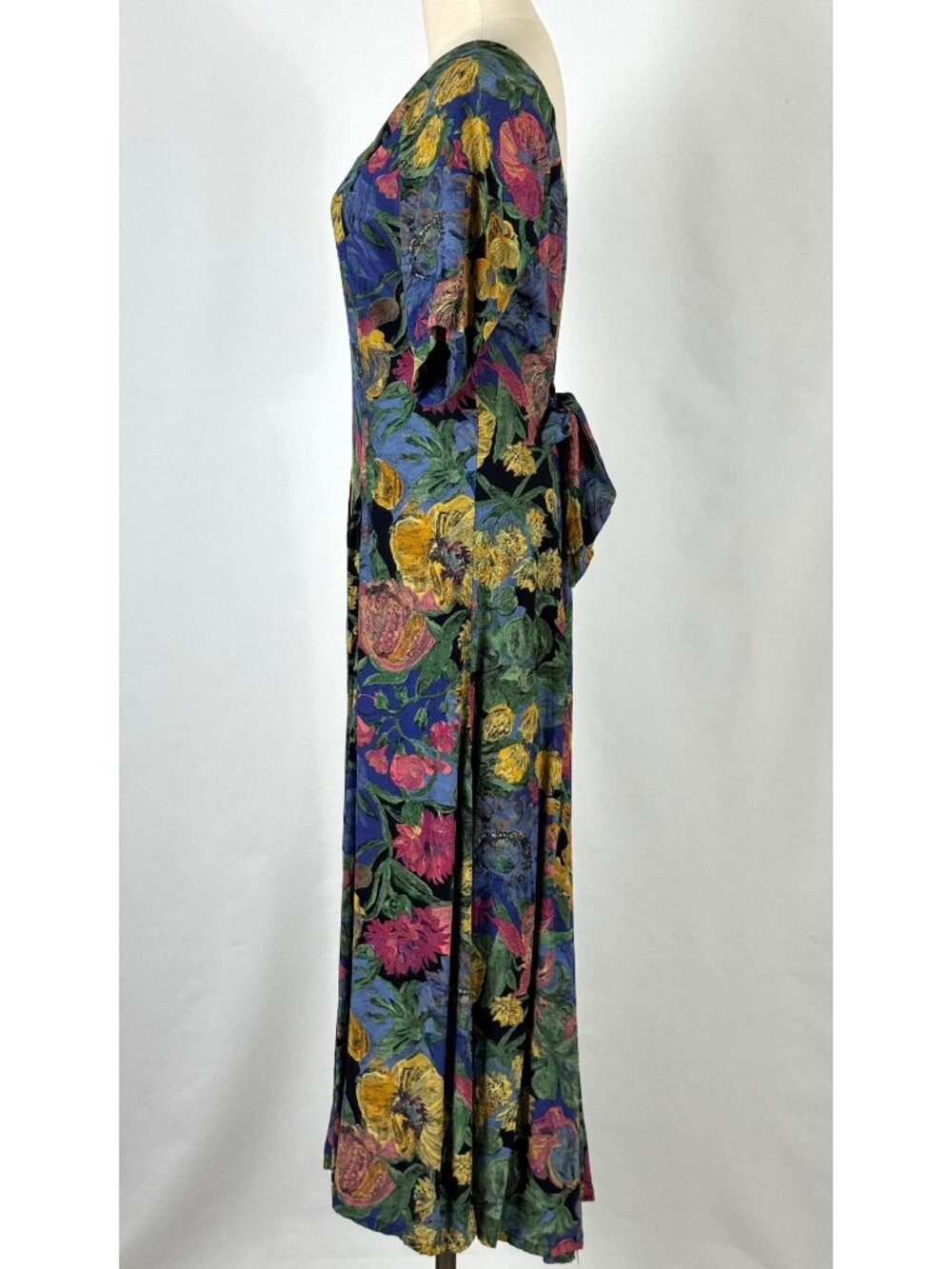 Vtg 90s Olive Painted Floral Maxi Dress Sz L Tie Back Rayon Pleated Artsy Whimsy - Picture 6 of 13